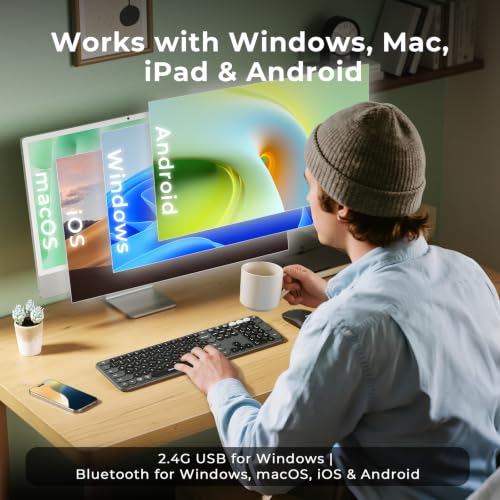 seenda Wireless Bluetooth Keyboard Mouse Combo, COE202 Retro Cute Round Keyboard, Silent Mouse, 3 Multi-Device Connection, Full Size Compatible for PC/Laptop/Mac/MacBook/iPad/Tablet, Black - color: Black