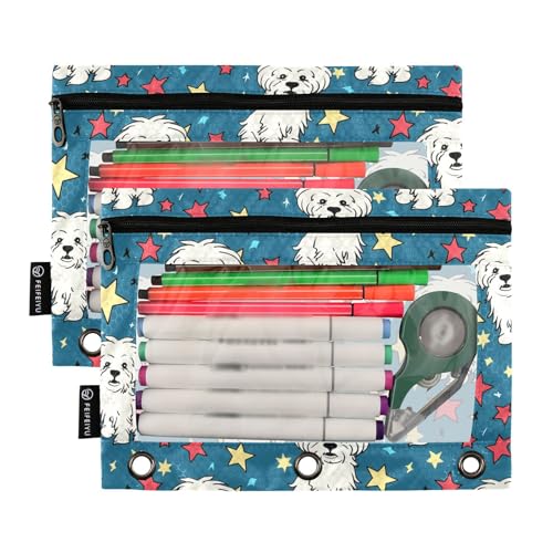 Fustylead Hand Draw Cartoon Maltese and Red Yellow Stars Pencil Pouch for 3 Ring Binders, Zipper Pencil Bags with Clear Window Organizer for Cosmetic Office School Students 2 Pack - color: Blue04 Maltese and Stars