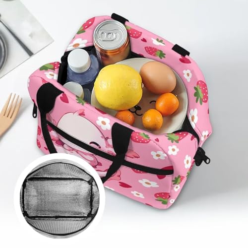 Axolotl Lunch Box for Kids Boys 4-6 Strawberry One Piece Lunch Box for Girls 6-8 Preppy Meal Bag for Boys 8-10 Preschool Kindergarten Toddler Elementary School Adjustable Shoulder Strap - color: Strawberry Axolotl