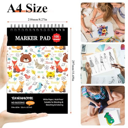 Marker Pad Sketch Book - 100 Sheets Drawing Pad Mixed Media Paper 130GSM Bleedproof Spiral-Bound Art Sketchbook for Alcohol Markers, Watercolor, Pencil & Ink Pens,Sketchpad Kids & Adults Gift
