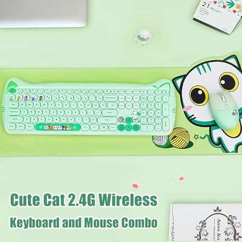 Cute Cat 2.4G USB Wireless Keyboard and Mouse Combo, Silent Keys, Candy Colors, Compatible with Notebook, PC (Green-110Keys) - color: Green-110Keys