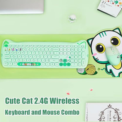 Cute Cat 2.4G USB Wireless Keyboard and Mouse Combo, Silent Keys, Candy Colors, Compatible with Notebook, PC (Green-110Keys) - color: Green-110Keys