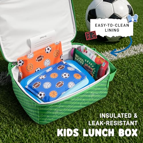 Fit & Fresh Customizable Charm Lunch Bag for Boys & Girls, Soccer Kids Lunch Box with 6 Sports Charms, Premium Insulated Reusable Lunch Tote for School - color: Pitch Break Soccer