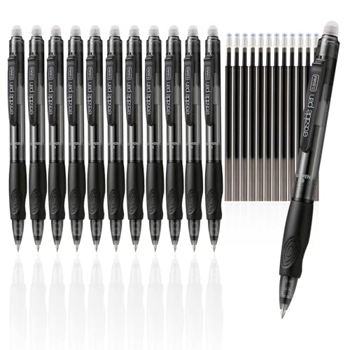 EUSOAR Black Erasable Pens, Pack of 12 Black Ink Clicker Pen + 12 Refills, Fine Point (0.5mm) Gel Erasable Pens Smooth Writing for Sketching Note Taking Planner Crossword Puzzles - color: Black