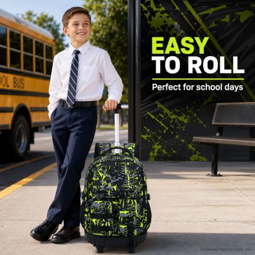 WZLVO 3PCS Roller Backpack, Water Resistance Boys Wheeled Bookbag, Rolling School Bag Set with Lunch Box & Pencil Bag for Teens & Kids - Spray Painted Green - color: 3pcs Boys Rolling Backpack - Spray Painted Green