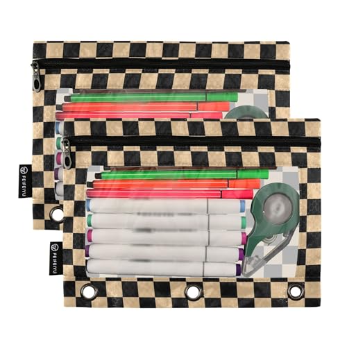 Black Chessboard Binder Pouches 3 Ring for Boys Girls School Office College Supplies Brown Buffalo Plaid Wood Color Pencil Pouches Case Bag with Clear Window and Zipper 2 Pack - color: Brown