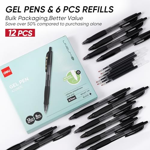 deli Gel Pens, Retractable 0.7mm Black Ink Pens, 12 Pcs Pens & 6 Refills | Medium Point Smooth Writing Pens, Quick-Dry No Bleed Comfort Grip for School, Office, Home Supplies - size: 12 PENS 6 REFILLS