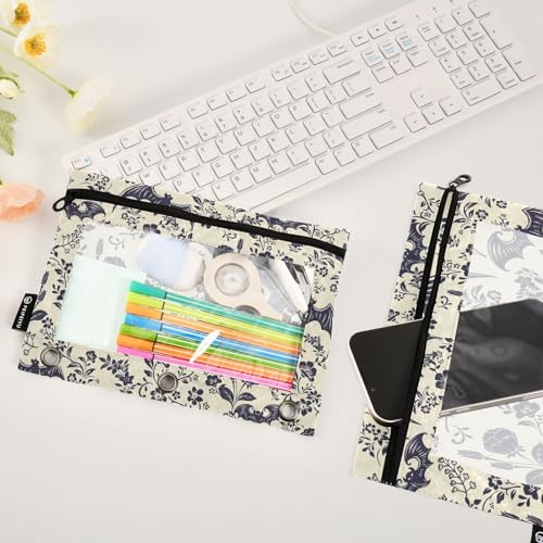 Goth Bats Pencil Pouches Bags for 3 Ring Binder, 2 Pack Zipper Stationery Bag with Clear Window 3 Hole Pencil Case for School Office Home - color: Goth Bats