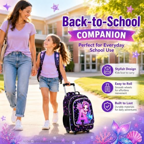 CCJPX 18" Mermaid Rolling Backpack for Girls, 3Pcs Kids Wheeled Bookbag with Lunch Box, Lightweight Roller School Bag for Elementary Preschool (Black) - color: A-star Mermaid