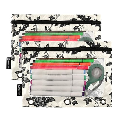 Goth Bats Pencil Pouches for 3 Ring Binder, Zipper Binder Pencil Case, 2 Pack Clear Window Case Bag for Office Organizers - color: Goth Bats 1