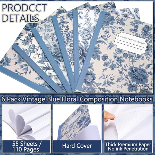 Harloon 6 Pack Composition Notebooks College Ruled Bulk Vintage Blue Flower Composition Notebook 110 Page 7-1/2" x 9-3/4" Journal Back to School Gift for Teacher Student Office First Day of School - style: Blue Flowers