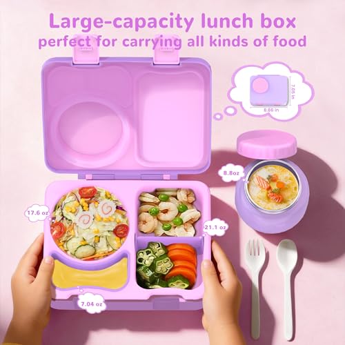 Bento Box for Kids, Leakproof Kids Bento Lunch Box Container with 8oz Insulated Thermo Food Jar, Sauce Jar, Utensil, DIY Stickers for School Boys Girls, 3-4 Compartments, BPA-Free - color: Purple