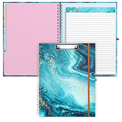 Rimilak Spiral Clipboard Folio with Refillable Lined Notepad, 14.5 x 9.8 In, Hardcover Cover with 5 Interior Pockets, Elastic Band and Pen Loop Series. Cute Stylish Clipfolio, Teal Marble - color: Teal Marble