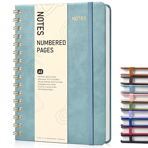 Lined Spiral Journal Notebook, A5 Hardcover Spiral Journals for Women Men, 150 Numbered Pages Spiral Bound Notebook, 100 GSM College Ruled Notebooks for Writing Note Taking 5.75" x 8.38", Misty Blue - color: Misty Blue, size: Line