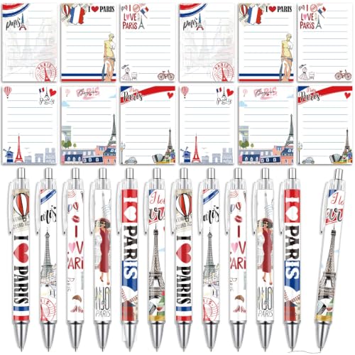 Wxiben Paris Sticky Notes with Pens - 24 Pcs Paris Souvenirs Gifts French City Travel Notepads Ballpoint Pens Set Eiffel Tower Notes Black Ink Pen for Home Traveler Study Office School Party Favor - color: Paris