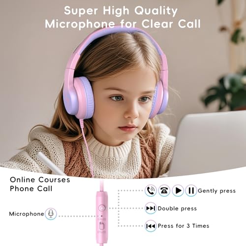 Candy Bila Kids Wired Headphones for Kids with Microphone, 85/94dB Volume Limiter Headphones for Girls Boys, Light Purple - color: Light Purple and Pink