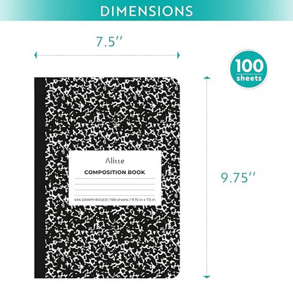 Alitte Composition Notebooks 4-Pack | 4x4 Graph Ruled, 200 Pages (100 Sheets) | Black Marble Smooth Thick Pages | 9.75x7.5 | School Notebooks, Writing Pads - size: 4 Pack, style: Graph Ruled