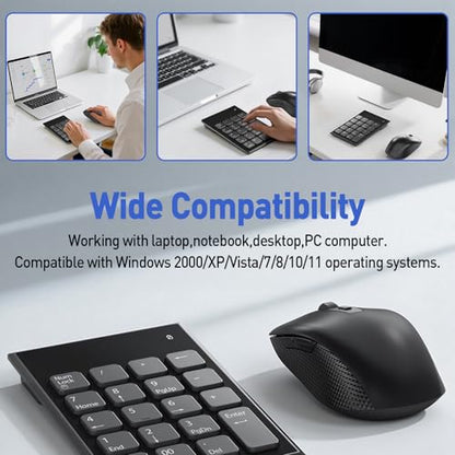 Wireless Number Pad and Mouse Combo, 19 Key USB Keypad and 3 Adjustable DPI Silent Mouse, 2.4GHz Ultra Slim Keypad for Laptop, PC, Desktop, Notebook – One USB Receiver, Portable and Lightweight