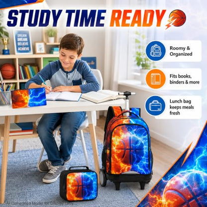 gxtvo Large Wheels & Quiet Glide | Rolling Backpack for Kids - Water-Resistant Wheeled Bag with Lunch Box for School, Travel & Outings - Fire & Lightning Basketball - color: Rolling Backpack Fire Lightning Basketball