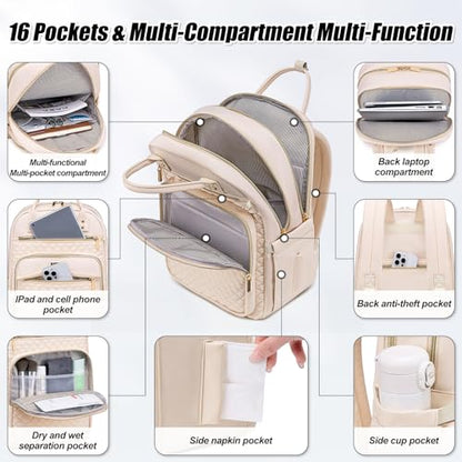 Tealari Laptop Backpack for Women,15.6 Inch Laptop Backpack for Work,Water Resistant Travel Backpack,College Bookbag with Wallet (Beige) - color: Beige
