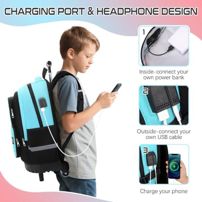 Jafeton Rolling Backpack for Boys, 3 PCS Gamer Boy Backpack Set with Lunch Box & Pencil Pouch, Roller Wheels School bag for Boys Kids Teens, Elementary Middle School, Kids Bookbag Casual Daypack - color: Green