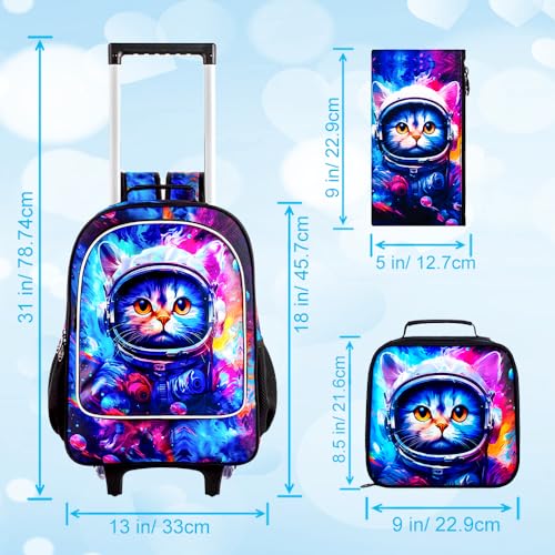 gxtvo Kids Rolling Backpack for Girls, Roller Wheeled Bookbag - Wheeled Elementary School Bag - 3PCS Cat - color: Space Cat Rolling Set