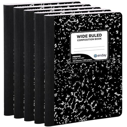 Enday Composition Notebook Wide Ruled (5 Pack) Hard Cover Marble Composition Notebook, 100 Sheets - color: Black Marble, size: 5 Pack