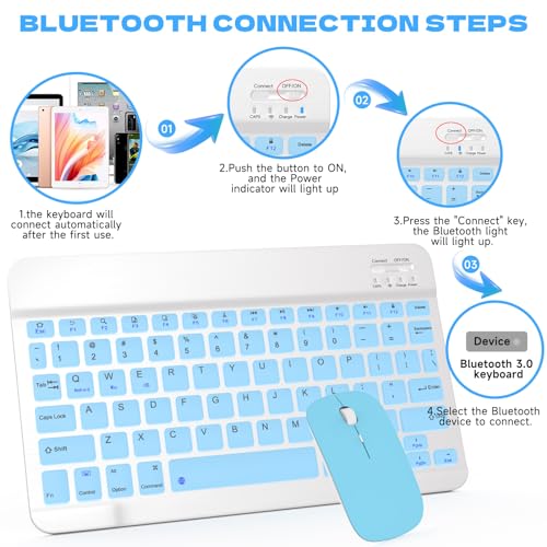 Bluetooth Keyboard and Mouse Combo, Qwert Layout Universal Ultra-Slim Wireless Keyboard Mouse Set for Android Windows iPad iPhone Samsung Tablet Portable Compact Keyboard Set, Light Blue - color: Blue