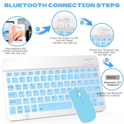 Bluetooth Keyboard and Mouse Combo, Qwert Layout Universal Ultra-Slim Wireless Keyboard Mouse Set for Android Windows iPad iPhone Samsung Tablet Portable Compact Keyboard Set, Light Blue - color: Blue