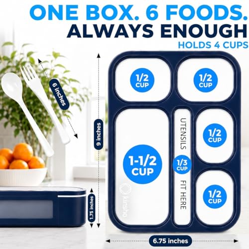 Bento Lunch Box Snack Containers for Kids Boys Girls Adults, 6 Divided Compartments - School, Daycare, Leak Proof Meal Planning Portion Control, BPA-Free Boxes, Utensils, Navy Blue - color: Navy