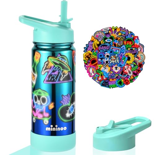 Mininoo Boys Water Bottle for School, 16oz Stainless Steel Insulated Metal Water Bottle with Straw Lid for Boys - color: Specular Sky/Blue, size: 16 Ounces