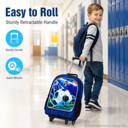 AGSDON 3PCS Rolling Backpack for Girls and Boys, Kids Roller Wheels Bookbag, Wheeled Elementary School Bag with Lunch Bag - color: Football Roller