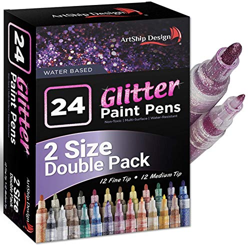 ArtShip Design 24 Glitter Paint Pens, Double Pack of Both Extra Fine and Medium Tip Paint Markers, for Rock Painting, Mug, Ceramic, Glass, and Fabric Painting, Water Based Non-Toxic and No Odor - color: Glitter