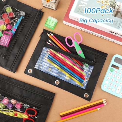 Tinlade 100 Pcs 3 Ring Binder Pencil Pouches Zipper Pouches Case with Mesh Window Ring Binder Pencil Bags Case for Christian Charity Donation Supplies(Black)