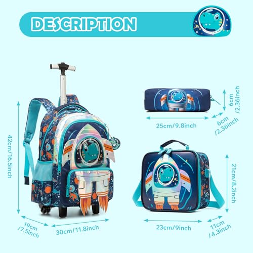 Kids Rolling Backpack for Boys Space Shuttle Trolley Suitcases Luggage with Wheels Bookbag Wheeled 3pcs Preschool Students Elementary Teenagers Lunch Box Pencil Case Blue for Age 5-10 - color: Blue-0201-houjian