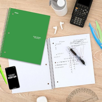 Five Star Spiral Notebook + Study App, 1 Subject, Graph Ruled Paper, 8-1/2" x 11", 100 Sheets, Fights Ink Bleed, Water Resistant Cover, Seaglass Green (620000CH1) - color: Seaglass Green, size: Pack of 1