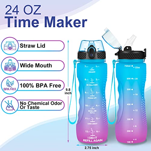 24 OZ Motivational Kids Water Bottle With Time Marker,Straw Lid,Leak Proof, Tritan BPA Free Sports Water Bottle Blue Purple (1 Lid) - color: Blue Purple