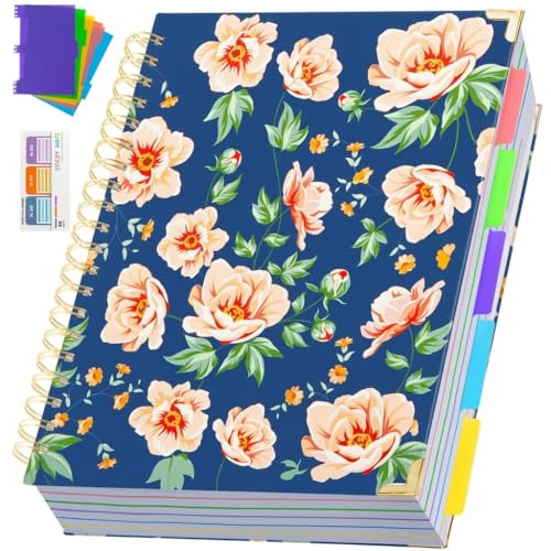Hardcover Spiral Notebook 8.5" x 11" with Removable Dividers, 300 Pages 5 Subject College Ruled Notebook for Work with Tabs, A4 Spiral Journal for Women Men, School Students Note Taking, Navy Floral - color: 5 Subject Bloom-fl