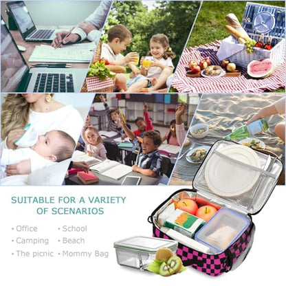 Custom Student Lunch Bag for Boys Girls Hot Pink and Black Checkered Personalized Lunch Box With Name Insulated Cooler Bag for School Picnic Travel - color: Multi14