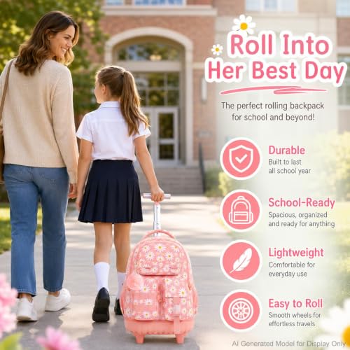WZLVO 3PCS Rolling Backpack for Girls, Water Resistance Roller Bookbag, Women Aesthetic Wheeled School Bag Set with Lunch Bag & Pencil Bag for Teens & Kids - Pink Chrysanthemum - color: 3pcs Girls Rolling Backpack - Pink Chrysanthemum