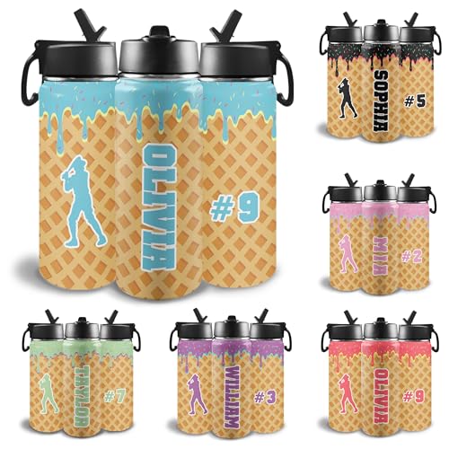 Personalized Baseball Water Bottles for School - Customized Ice Cream Drip Stainless Steel Sports Water Bottle for Boys Students Teens - Back to School Birthday Gifts - Baseball Team Gifts 18 oz - color: # design 05-sport 3-01