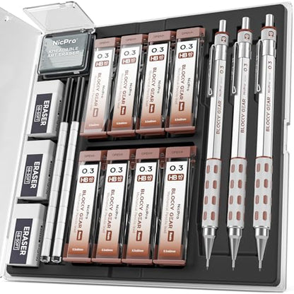 Nicpro 3 Pack Blocky Gear 0.3 mm Metal Mechanical Pencils Set with Case, Lead Drafting Pencil with 8 Tube (480PCS) Lead Refills, 4 Erasers, 18 Eraser Refills for Art Writing, Sketching Drawing - style: 0.3mm
