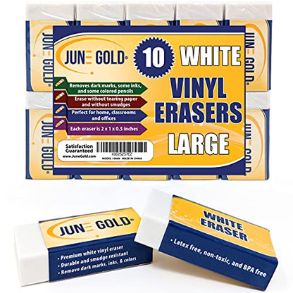 June Gold 10 Large White Vinyl Erasers | Heavy-duty eraser for darker graphite, some inks, and some colors - color: White