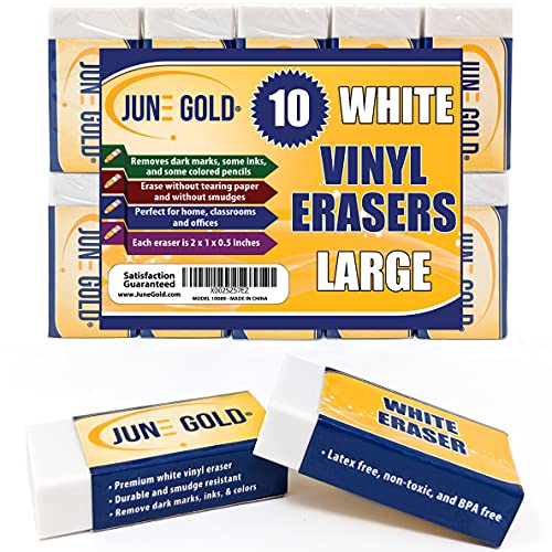 June Gold 10 Large White Vinyl Erasers | Heavy-duty eraser for darker graphite, some inks, and some colors - color: White