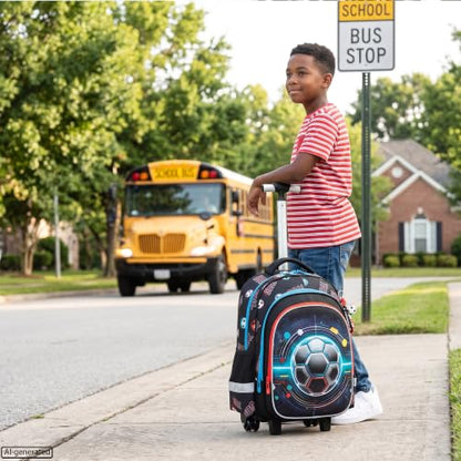 Meetbelify Rolling Backpack for Boys Backpack with Wheels Kids Football Roller Suitcase Travel Luggage for Elementary Student Ages 6-8 - color: Blue Football