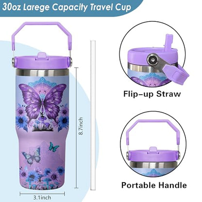Queen Hero 30 oz Butterfly Tumbler with Handle, Large Insulated Tumbler with Flip & Straw Coffee Mug Cup Stainless Steel Gifts for Women Men Youth - color: Purple