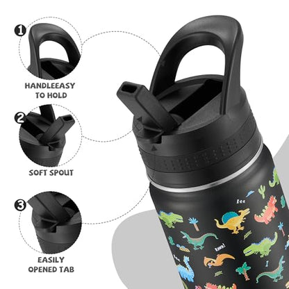 14 Oz Kids Water Bottle, Stainless Steel Water Bottle with Straws, Leak-Proof, BPA-Free, Insulated Water Bottles for School Boys & Girls|Black Dinosaur - color: Black cartoon dinosaur