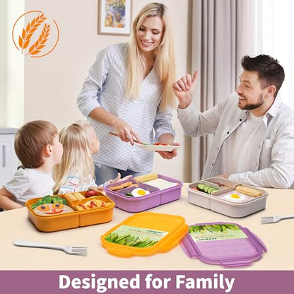 Itopor Bento Box for Kids & Adults, Lunch Box 46 oz, Lavender | Wheat straw material, BPA-free, leakproof, 3 compartments, microwave & dishwasher safe, for school, office & travel - color: Lavender