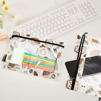 Hedgehog Pencil Pouches for 3 Ring Binder, Zipper Binder Pencil Case, 2 Pack Clear Window Case Bag for Office Organizers - color: Hedgehog