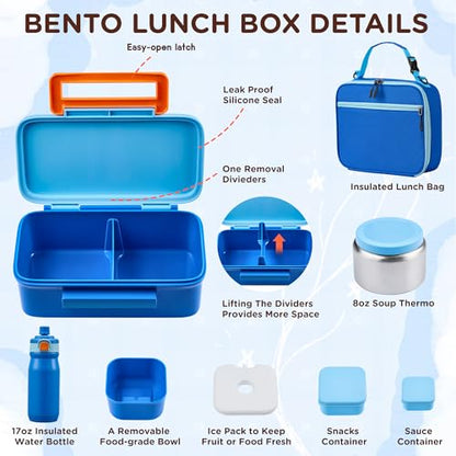 JXXM Bento Lunch Box for Kids With 8oz Thermo, Leakproof Bento Box with with 2 Compartments, Insulated Bottle, Lunch Bag, BPA Free Dishwasher Safe for School Girls Boys (Blue) - color: Blue 01